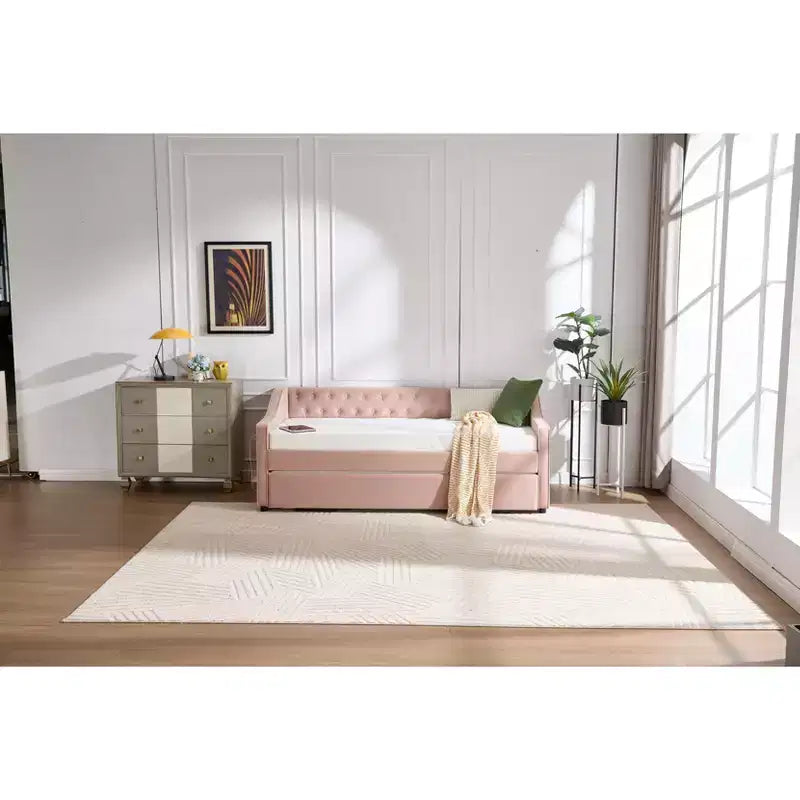 2026 Cama sofá Twin con cama nido, tapizada en terciopelo, puerto USB y bolsillos laterales - ModernLuxe