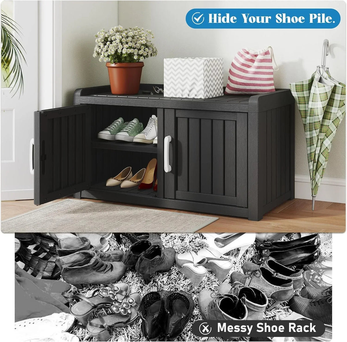 2026 NewKAMABOKO Outdoor Shoe Storage Cabinet, Waterproof UV-Resistant Entryway Storage Bench Indoor Outdoor with 2 Barn Doors, Adjustable Shelves for Entryway, Bedroom, Hallway,Living Room(Black)