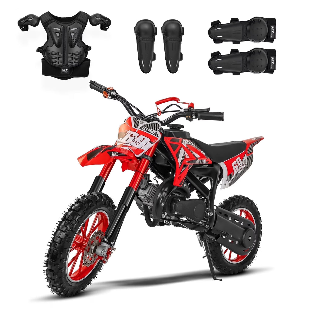 2026 NewMX moto 49CC Kids Dirt Bicycle, 2-Stroke Gas Powered Off Road Motorcycle, Tire Shock Absorber Spring Soft Seat Cushion with Front and Rear Disc Brake, Max Speed 28 MPH