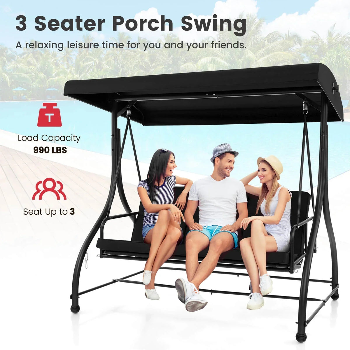 2026 NewCostway 3-Seat Outdoor Converting Patio Swing Glider Adjustable Canopy Porch Swing Black