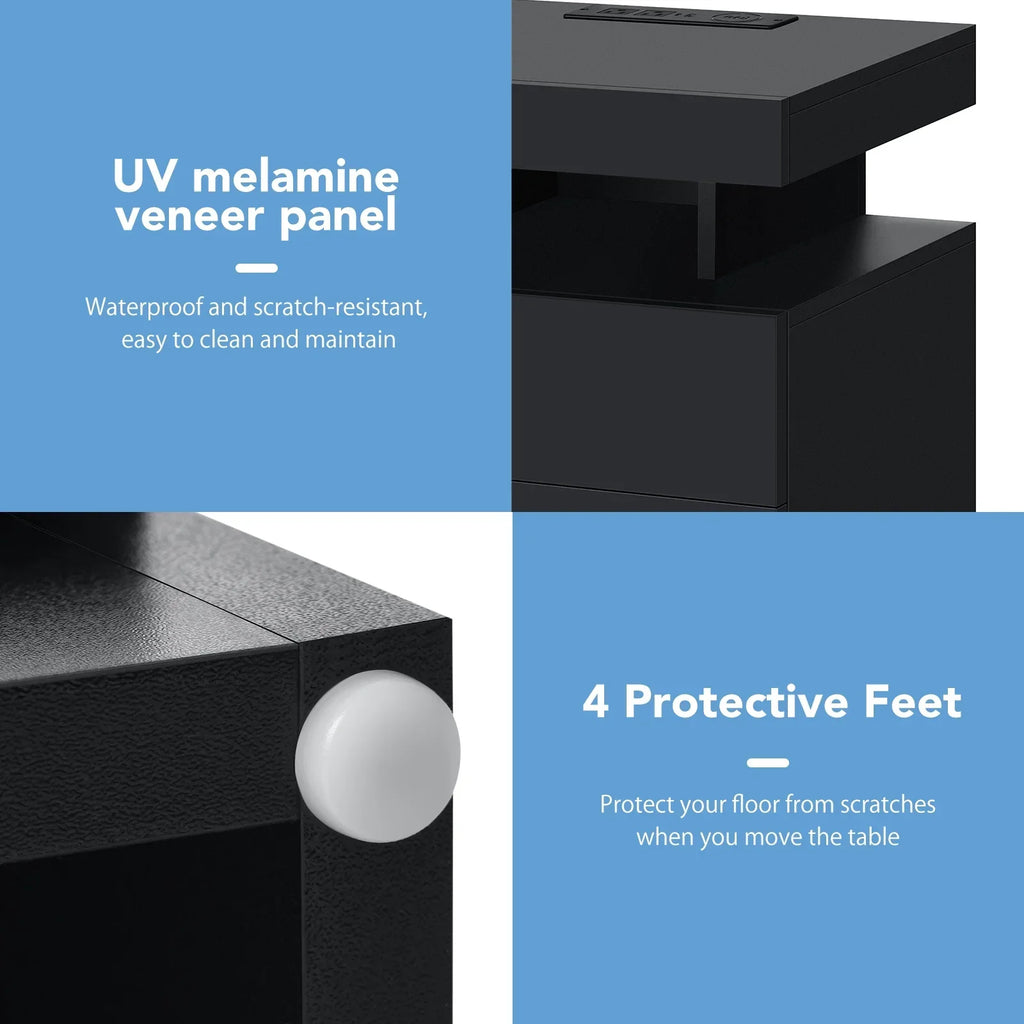 2026 NewHommpa LED Nightstand Wireless Charging Station USB Type C Outlets Bedside Table 3 Drawers Black Night Table Modern Smart Nightstand High Gloss End Side Table for Bedroom Furniture 26.8" Tall