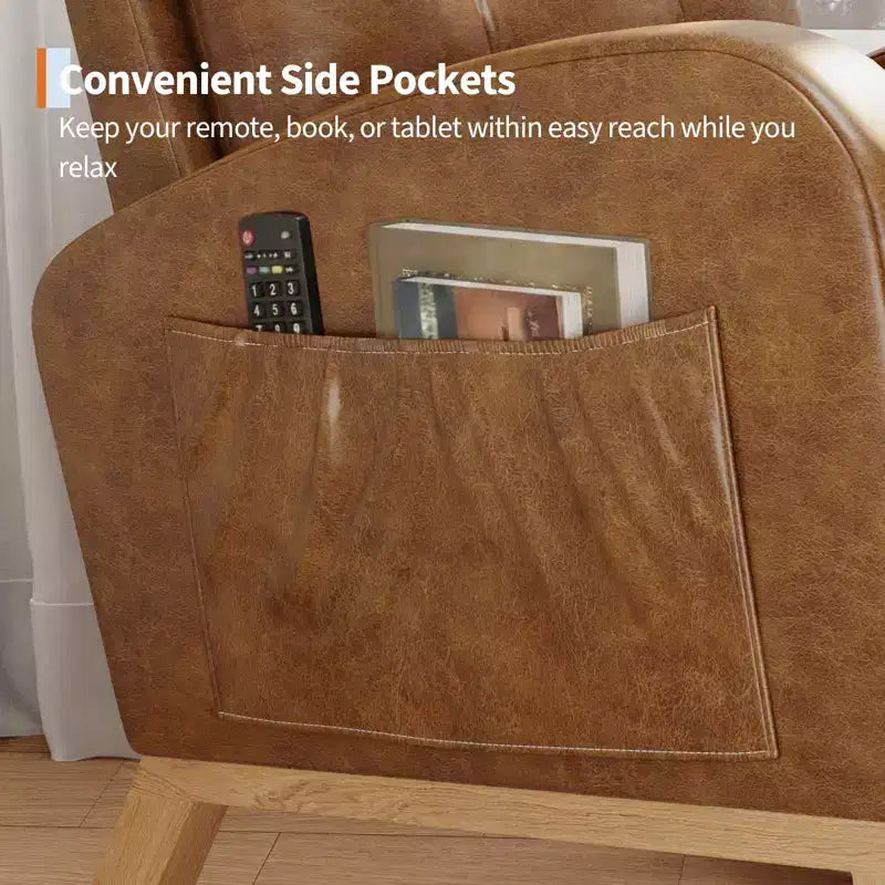 2026 Sillón mecedora deslizante tapizado con bolsillo lateral, estructura de madera, 1 plaza