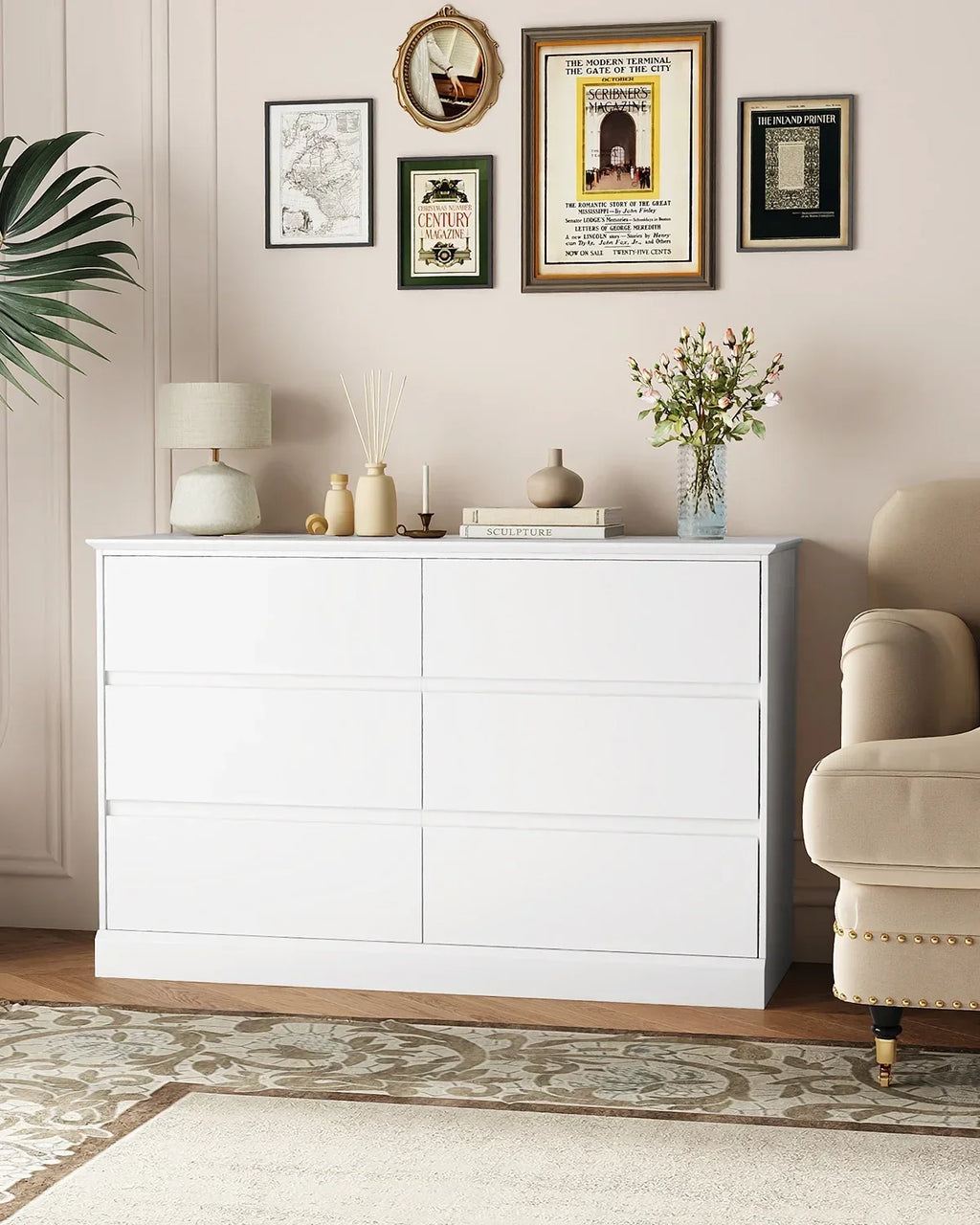 2026 NewWhite Dressers Bedroom Dresser 6 Drawer Storage Chest of Drawers Double Dresser Storage Side Cabinet Room Furniture for Bedroom Living Room
