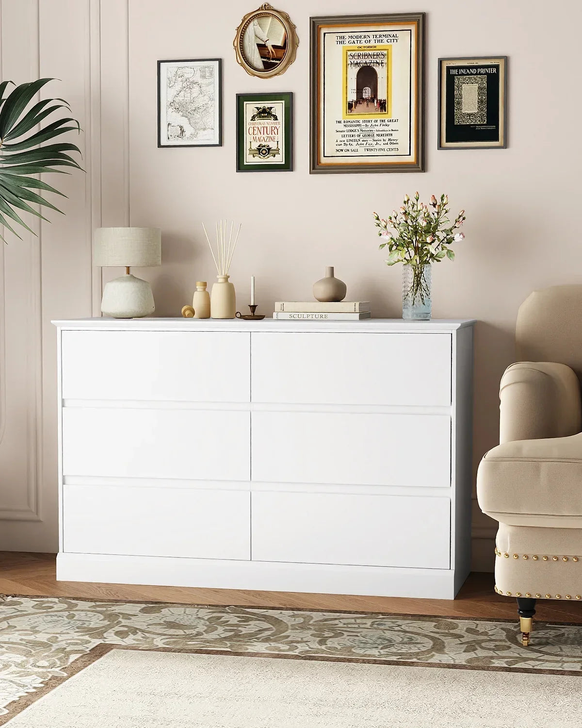 2026 NewWhite Dressers Bedroom Dresser 6 Drawer Storage Chest of Drawers Double Dresser Storage Side Cabinet Room Furniture for Bedroom Living Room