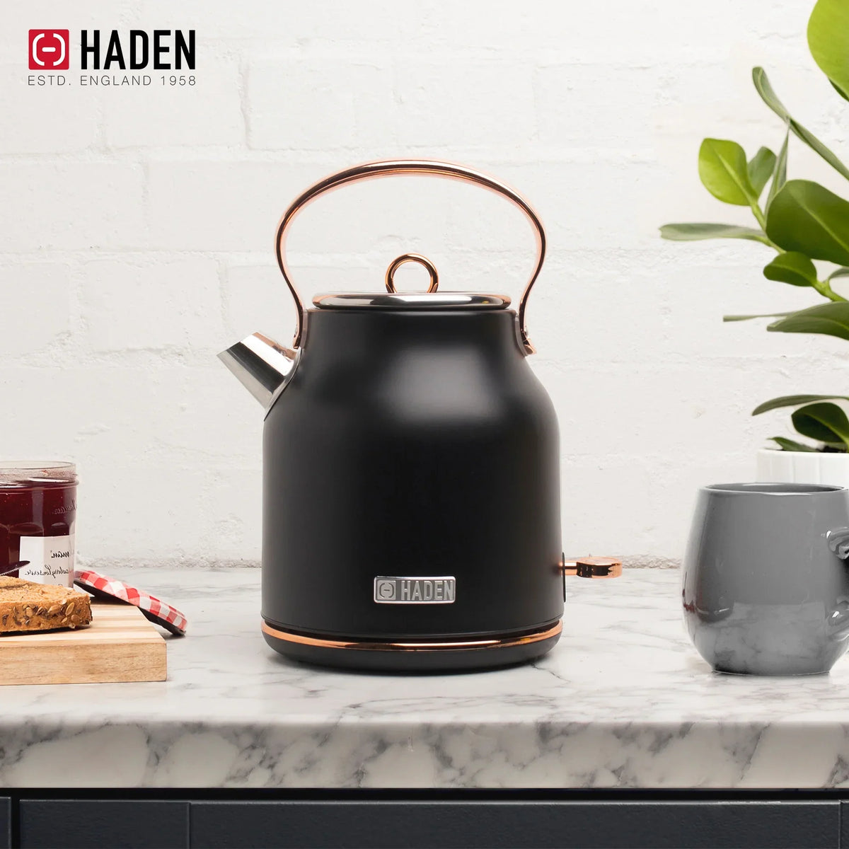 2026 NewHaden Heritage 1500 1.7 Electric Kettle, Matte Black Finish with Copper Accents