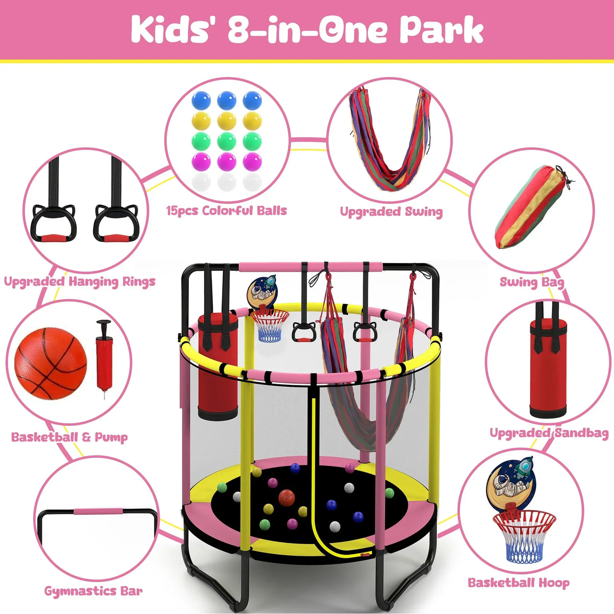 2026 NewMini Round Trampoline for Kids with Basketball Hoop, SEGMART 55'' Indoor Outdoor Toddler Trampoline with Enclosure Net, Swing, Sandbag, Ring, Ocean Balls, Small Trampoline Gift for Boys Girls, Blue
