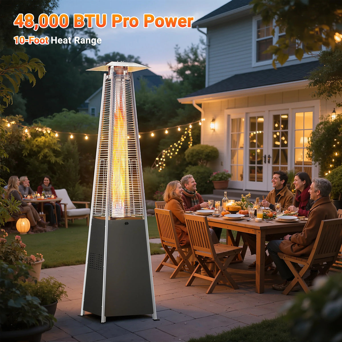 2026 NewSegmart 48,000 BTU Pyramid Patio Heater, Tall Standing Outdoor Propane Heater with Wheels & Tip-Over Safety Protection, Visible Flame Glass Tube for Backyard, Garden, Commercial Use - Gray