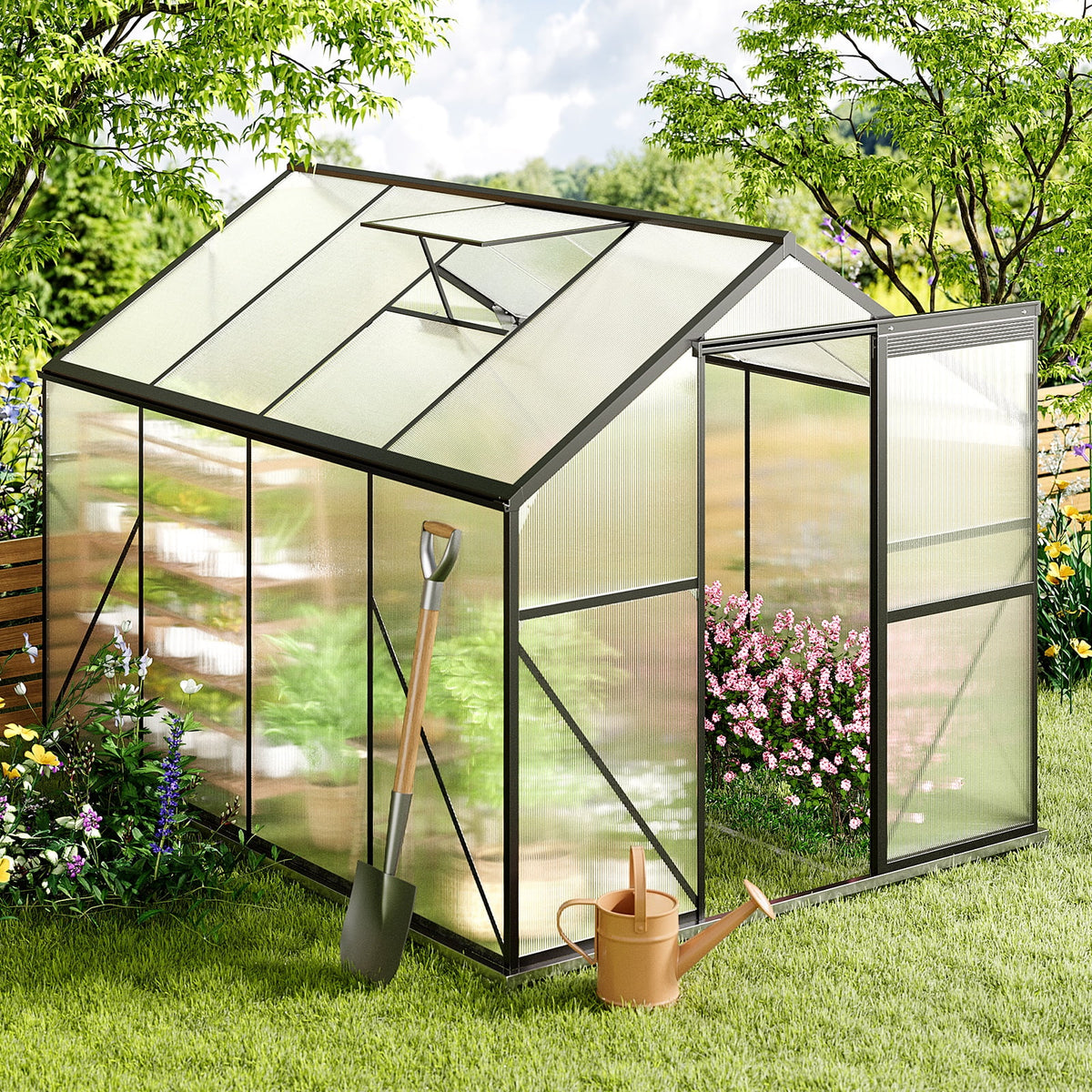 2026 Invernadero Asofer de 8x6 pies con puerta abatible con cerradura y ventana de ventilación, invernadero de invierno transitable de policarbonato, color negro.