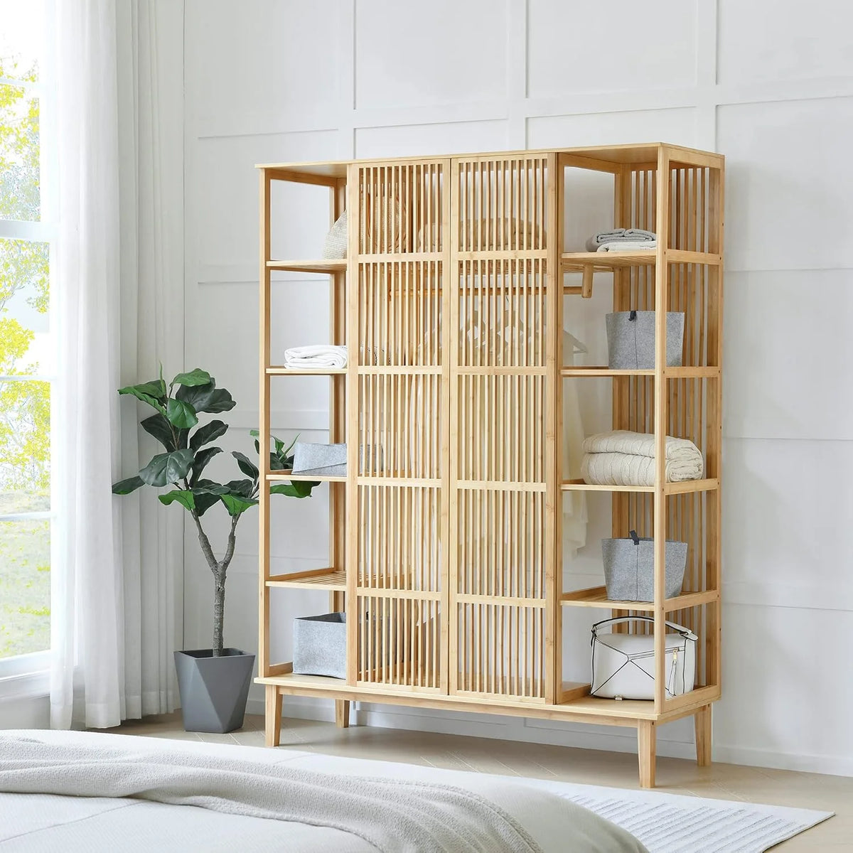 2026 [en.casa] Armario para Ropa con 2 Puertas Deslizantes Clóset con 12 Estantes y 1 Barra de Colgar Perchero de Bambú 185 x 140 x 45 cm Natural