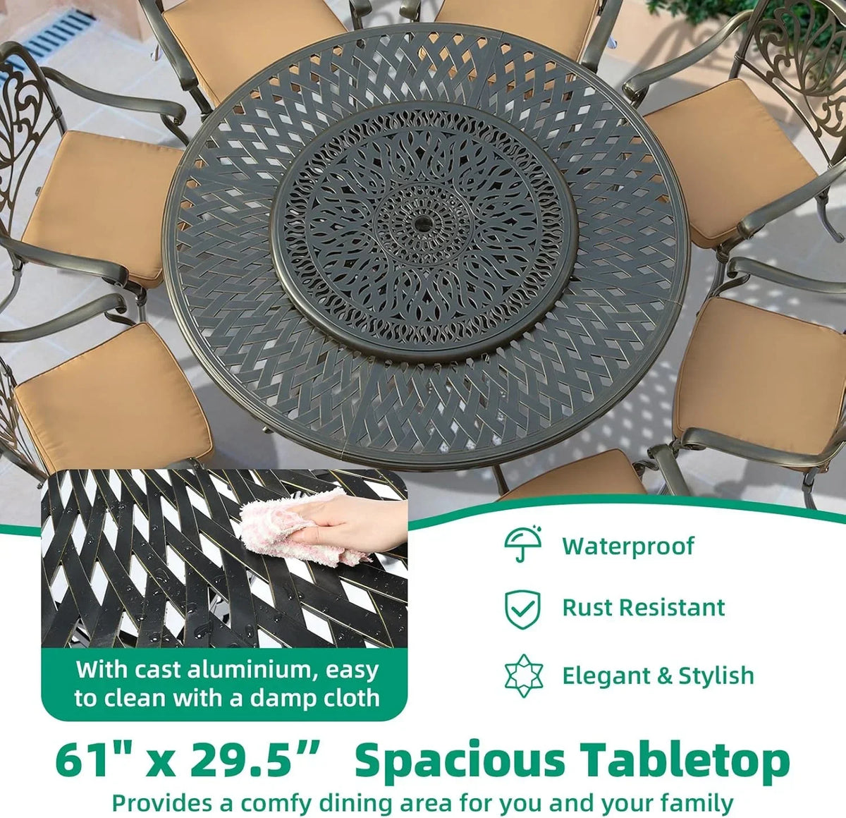 2026 NewVIVIJASON Outdoor 61" Patio Dining Table for 6-8 Person, Large Patio Round Dining Table with 24" Lazy Susan, Dark Bronze Cast Aluminum Rustic Patio Table W/Umbrella Hole for Balcony, Porch and Deck