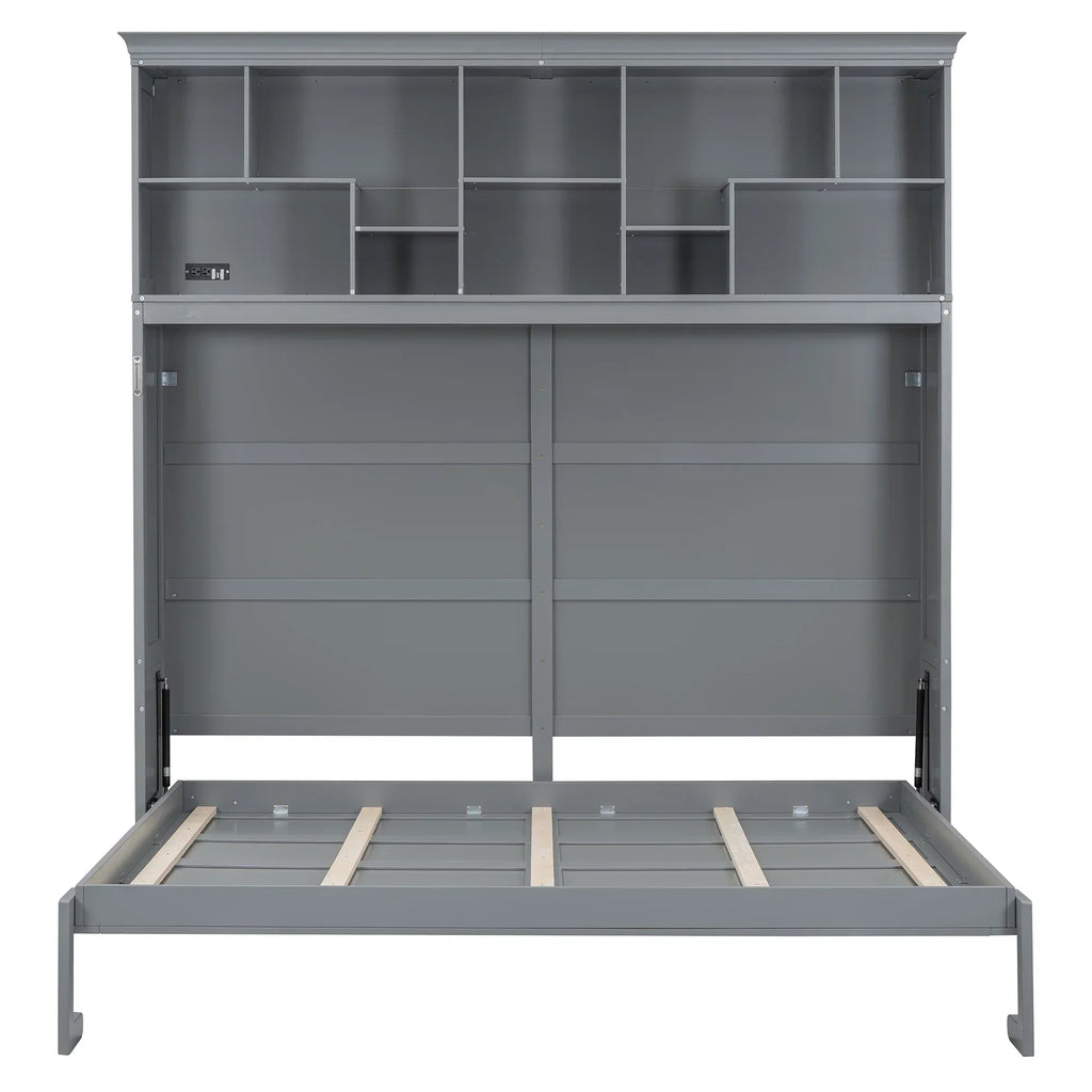 2026 NewQueen Size Murphy Bed Wall Bed with Top Shelves & USB Charging, Space-Saving Cabinet Bed with Flexible Slats, Gray Modern Foldable Bed