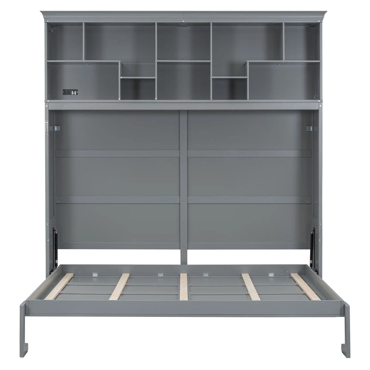 2026 NewQueen Size Murphy Bed Wall Bed with Top Shelves & USB Charging, Space-Saving Cabinet Bed with Flexible Slats, Gray Modern Foldable Bed