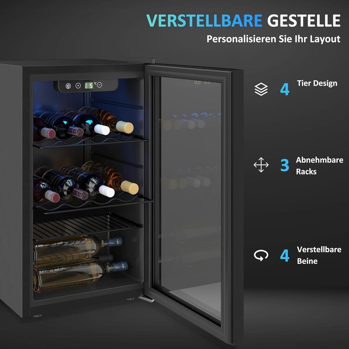 2026 Vinoteca HOMCOM para 24 botellas, 68 litros, mueble pequeño para vinos, enfriador de bebidas/botellas con puerta de doble cristal, 4-16 °C, iluminación LED, pantalla táctil digital, nevera para vinos, color negro.