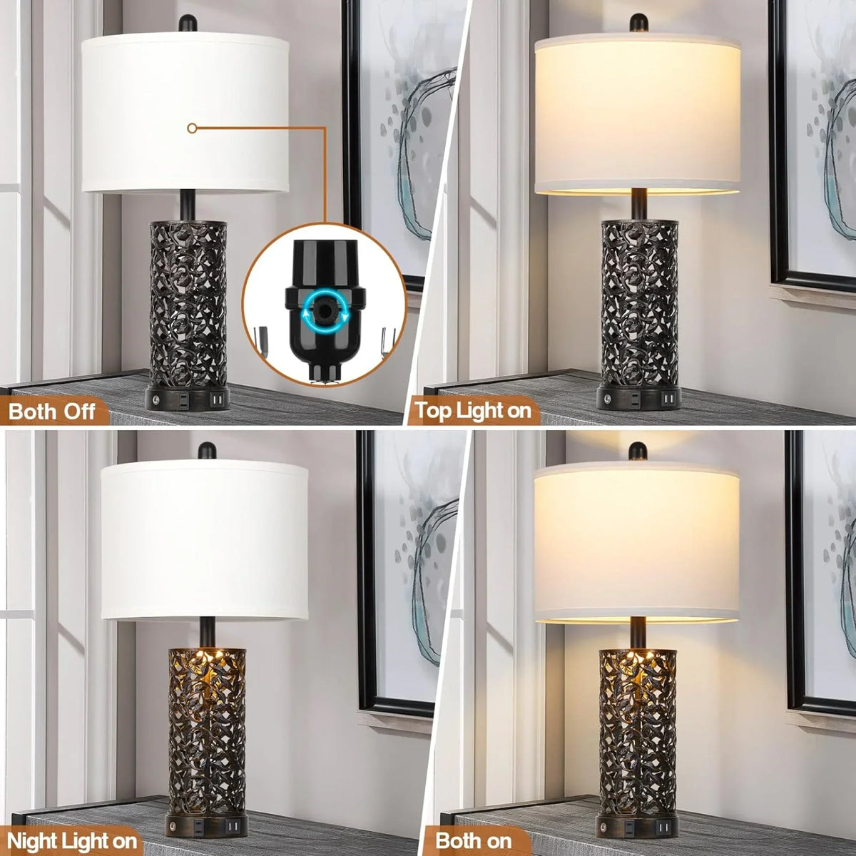 2026 NewCinkeda Table Lamp Set of 2 for Living Room Bedroom with USB Ports AC Outlet 3 Way Dimmable Touch Nightlight Farmhouse White Floral Nightstand Bedside Lamps