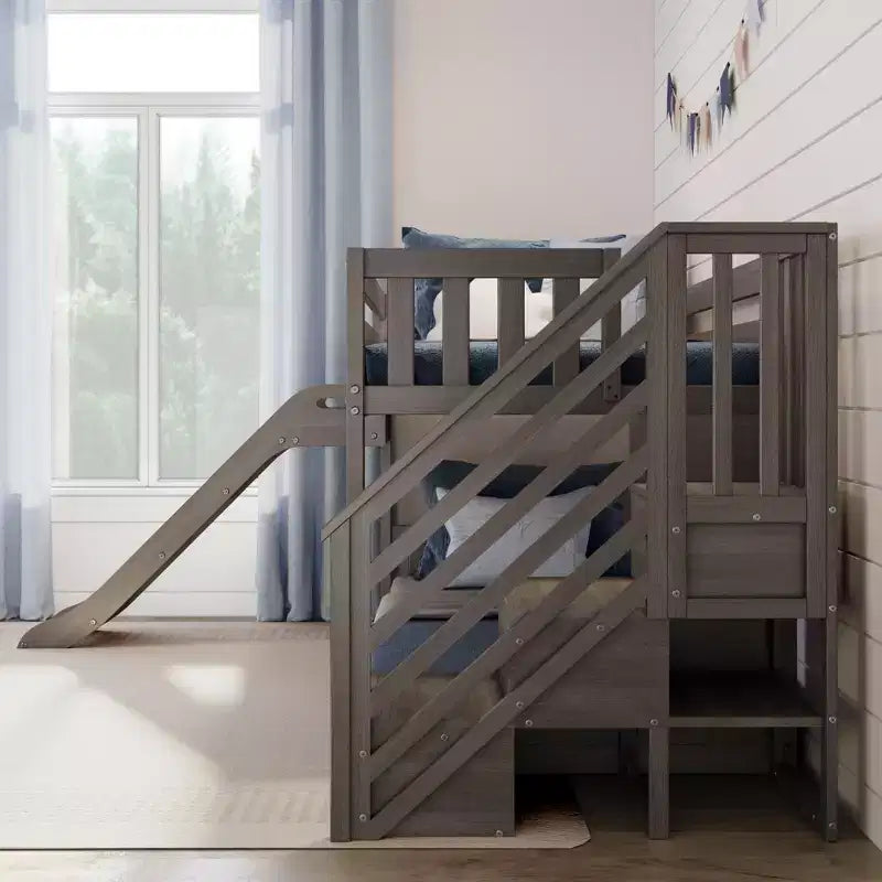 2026 Litera baja Twin sobre Twin con tobogán y escaleras, madera maciza, 14 barandillas