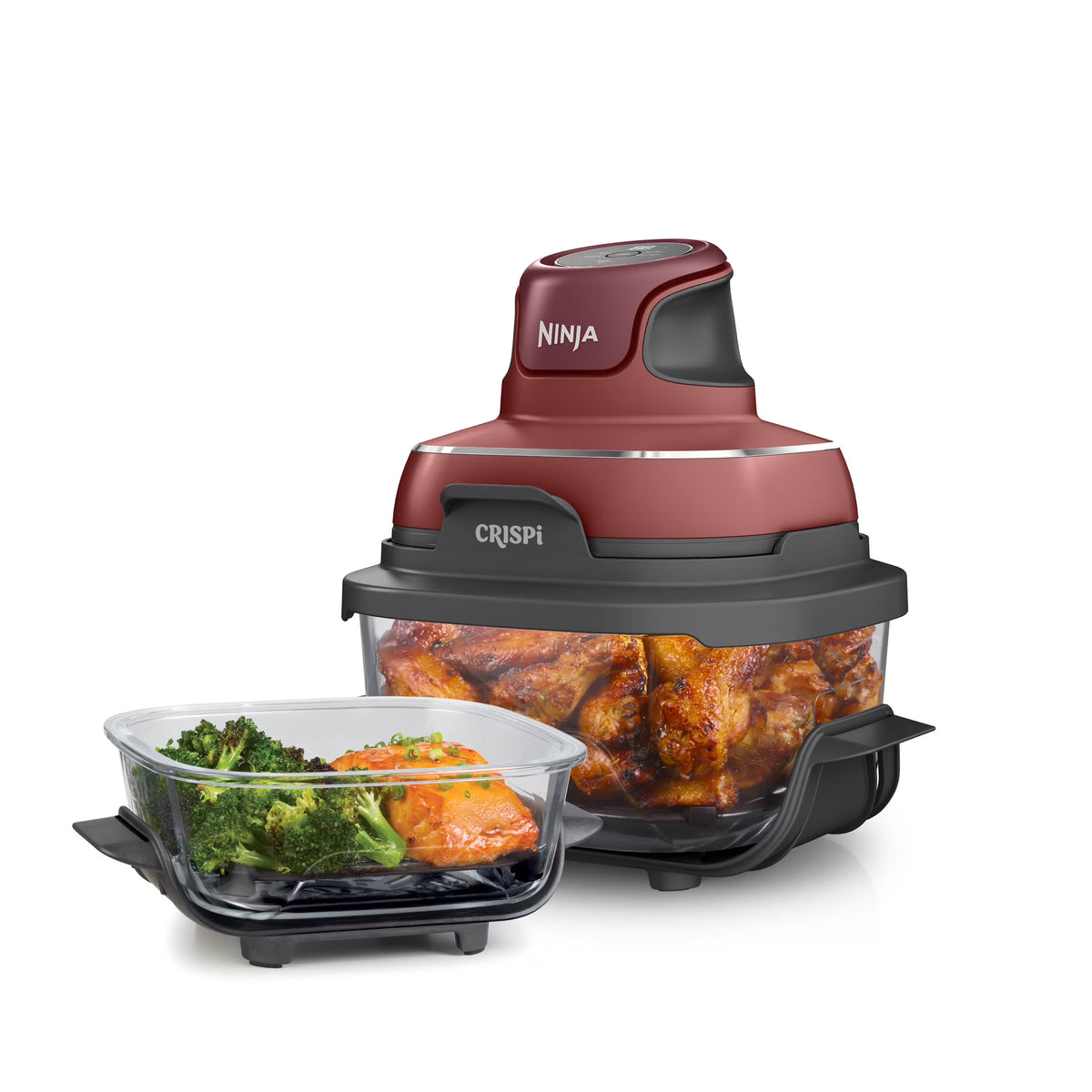 2026 NewNinja Crispi 3-in-1 Portable Glass Air Fryer Cooking System, 1500W, 4-Qt & 5-Cup TempWare Glass Containers with Storage Lids, Microwave, Freezer & Dishwasher Safe, White, FN100WH