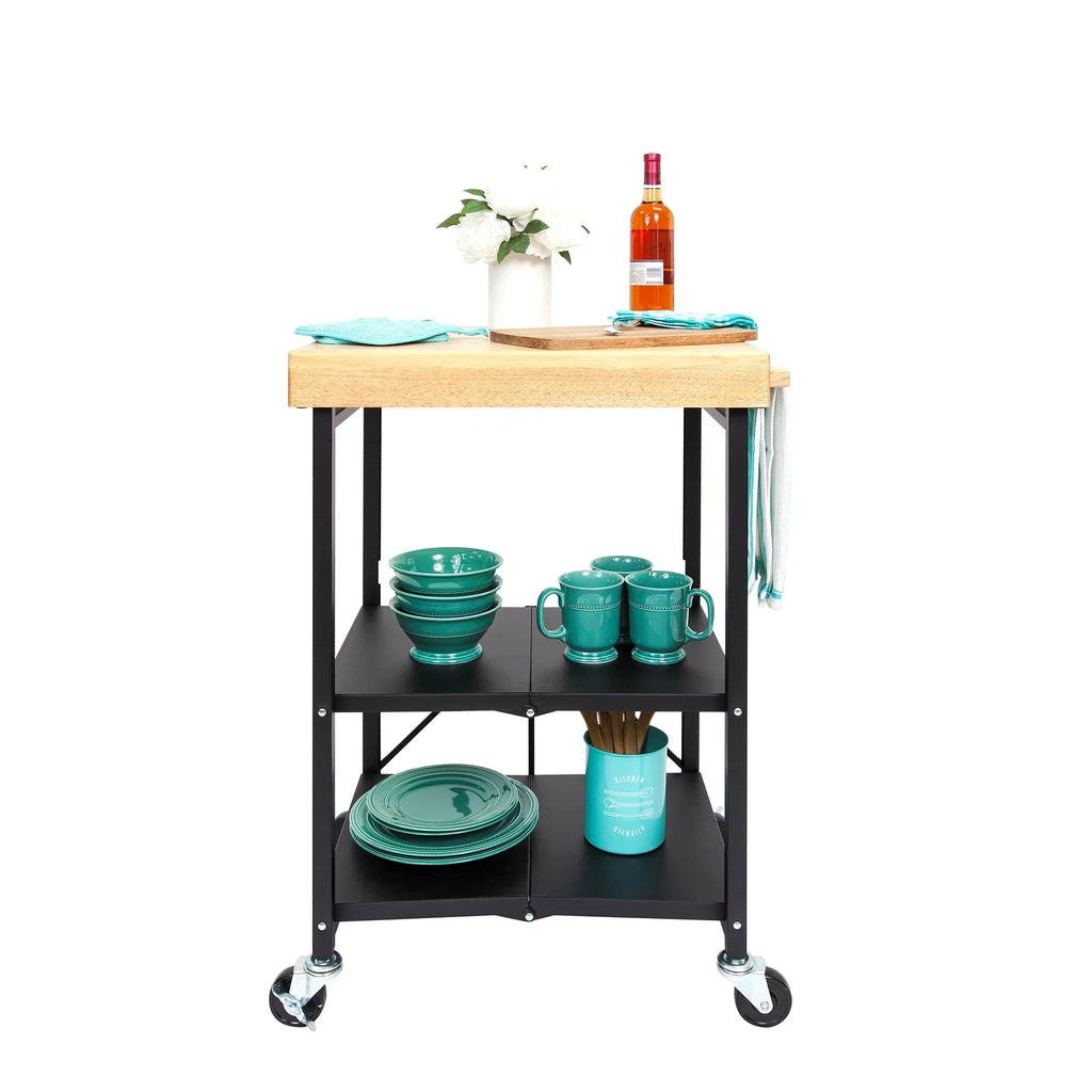 2026 NewOrigami Foldable Wheeled Portable Solid Wood Top Kitchen Island Bar Cart