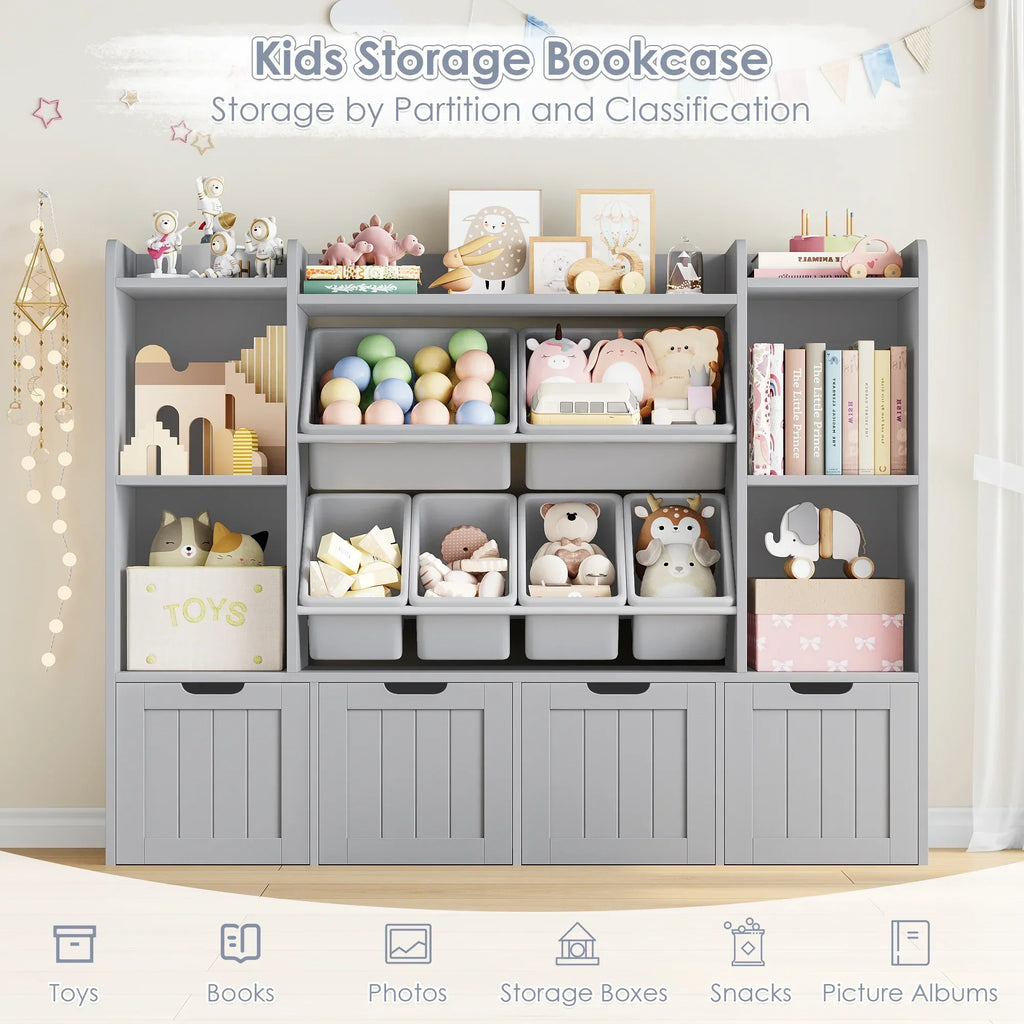 2026 NewHiphuta 3 Tier Kids Bookcase with Toy Storage Organizer, Wood Toy Organizer of 6 Boxes & 4 Removable Drawers, White