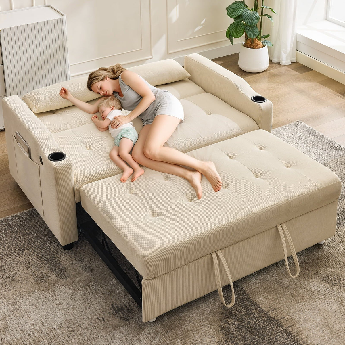 2026 New3 in 1 Convertible Sleeper Sofa Bed, Corduroy Futon Couches with Pull-Out Bed, Adjustable Backrest, Charging Port & Side Pockets, Modern Upholstered Sofa for Living Room, Guest Room