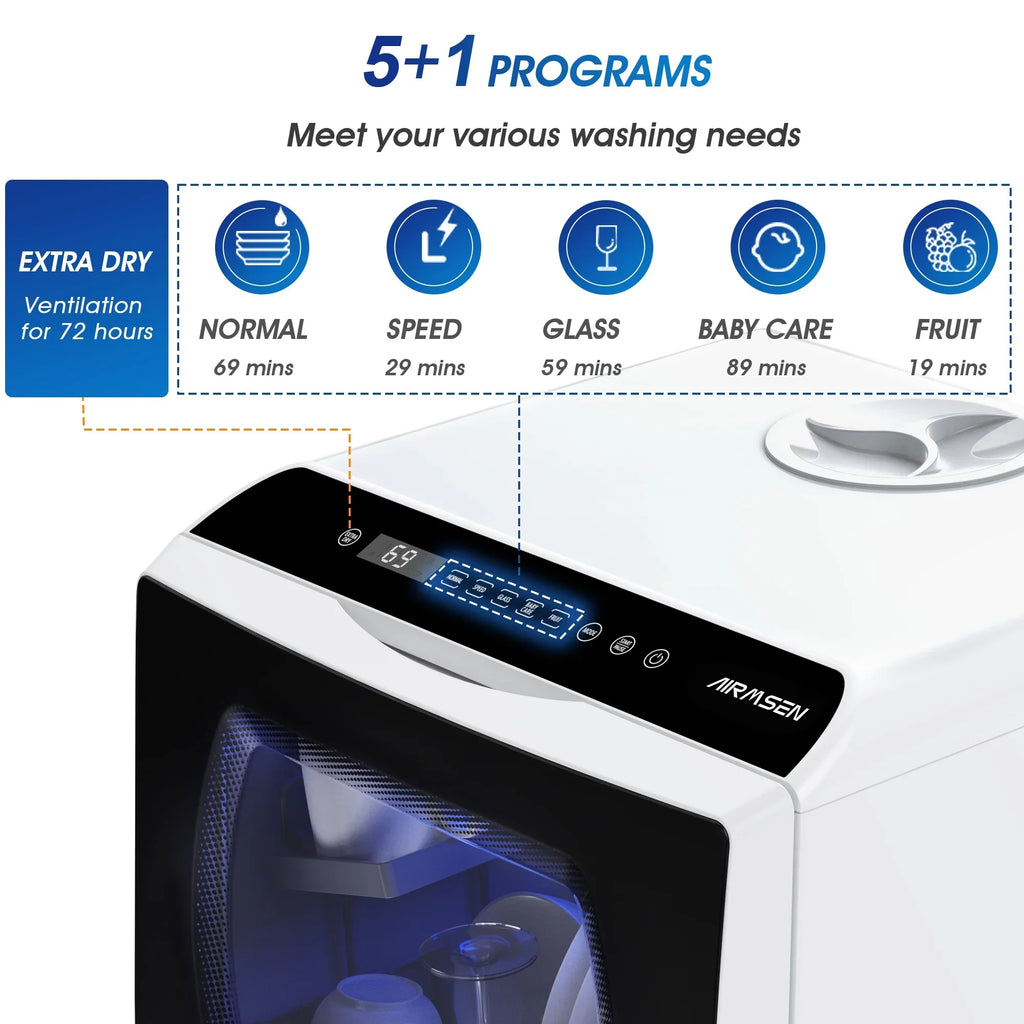2026 NewAIRMSEN Portable Countertop Dishwasher with 5-Liter Built-in Water Tank and Air-Dry Function, 5 Washing Programs Mini Dishwasher, AE-TDQR03