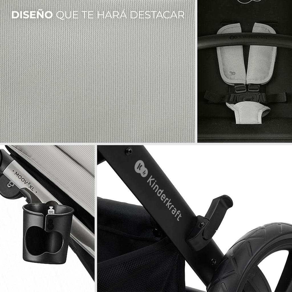 2026 Kinderkraft MOOV XL 3 en 1, Carrito bebé hasta 27 kg, Carro, Con Asiento I-SIZE 40-75 cm, Plegable, Amortiguación, Convertible, Capazo XL, Con accesorios, Gris Claro