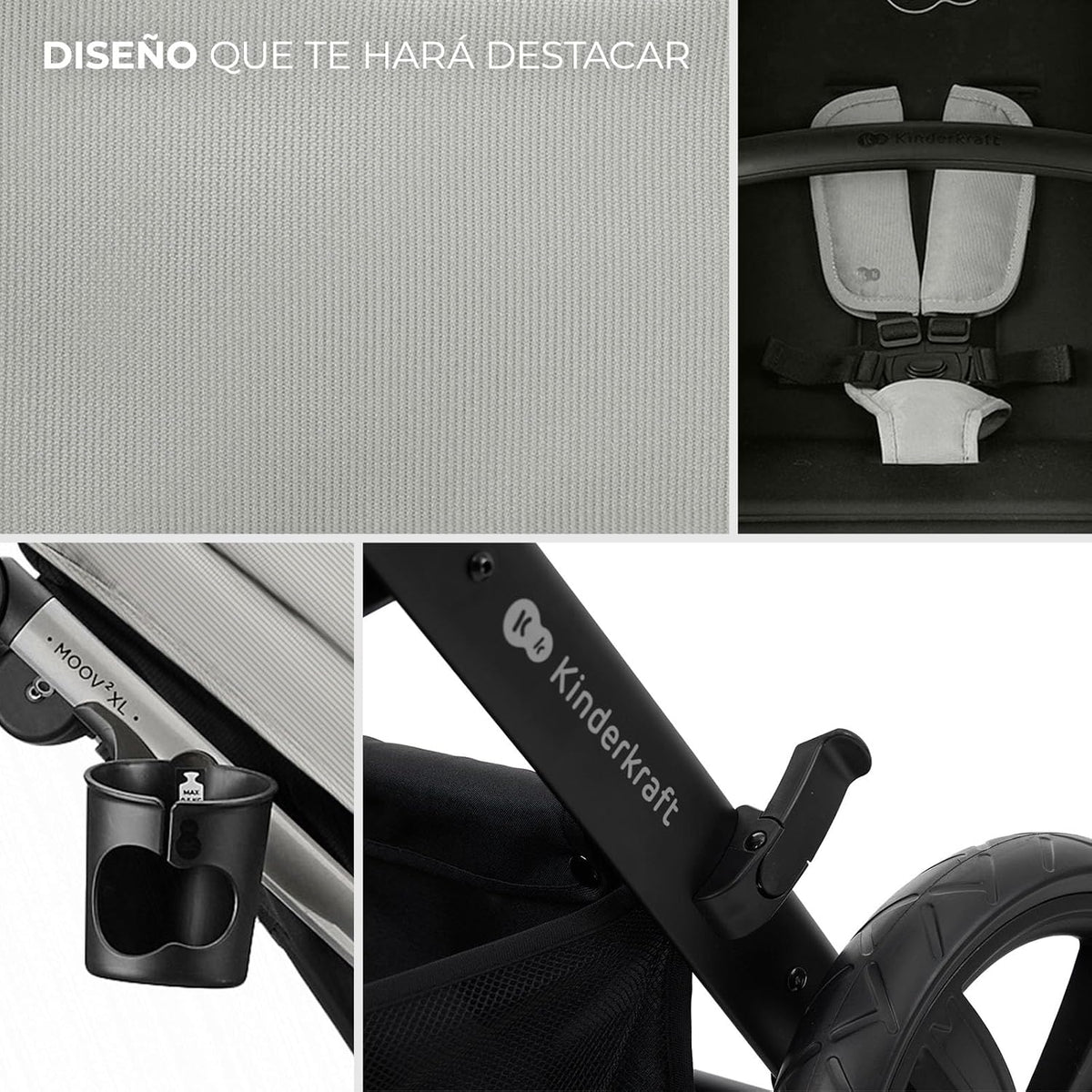 2026 Kinderkraft MOOV XL 3 en 1, Carrito bebé hasta 27 kg, Carro, Con Asiento I-SIZE 40-75 cm, Plegable, Amortiguación, Convertible, Capazo XL, Con accesorios, Gris Claro
