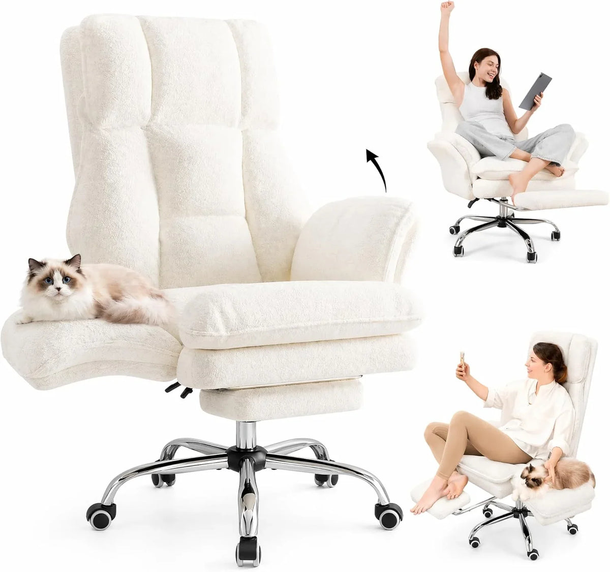 2026 Silla de oficina ejecutiva ergonómica HOMRELEXA para personas altas y corpulentas con reposapiés, reposabrazos abatibles y respaldo alto, tapizada en felpa rizada - Blanca