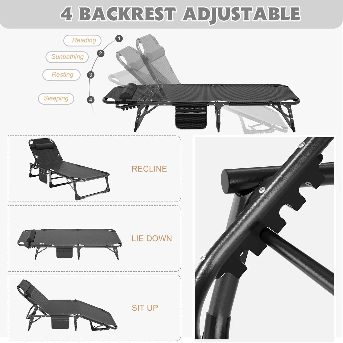 2026 NewMOPHOTO Lounge Chair with Mattress, Outdoor Chaise Lounge Support 440 Lbs, Adjustable Portable Heavy Duty Sleeping Cots Bed for Camping, Pool, Beach, Patio