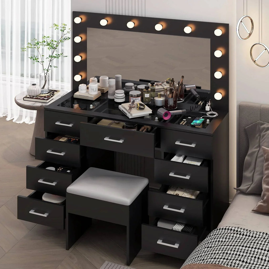 2026 NewKtaxon Large Makeup Vanity, Vanity Table Set w/ Visible Glass Top w/ Charging Station, White