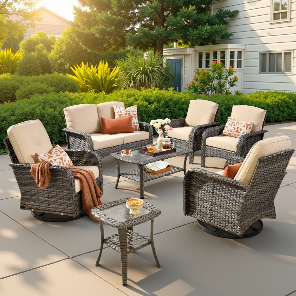 2026 NewOvios 5 Pieces Outdoor Patio Furniture Set High Back All Weather Wicker Conversation Set with Swivel Chairs & Coffee Table, Dark Gray