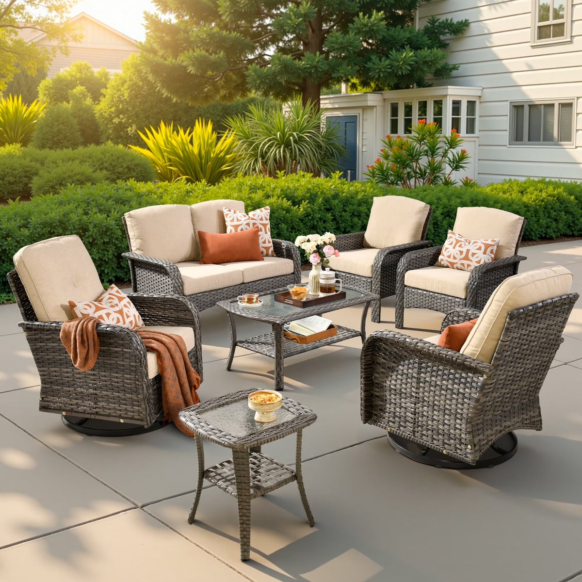 2026 NewOvios 5 Pieces Outdoor Patio Furniture Set High Back All Weather Wicker Conversation Set with Swivel Chairs & Coffee Table, Dark Gray