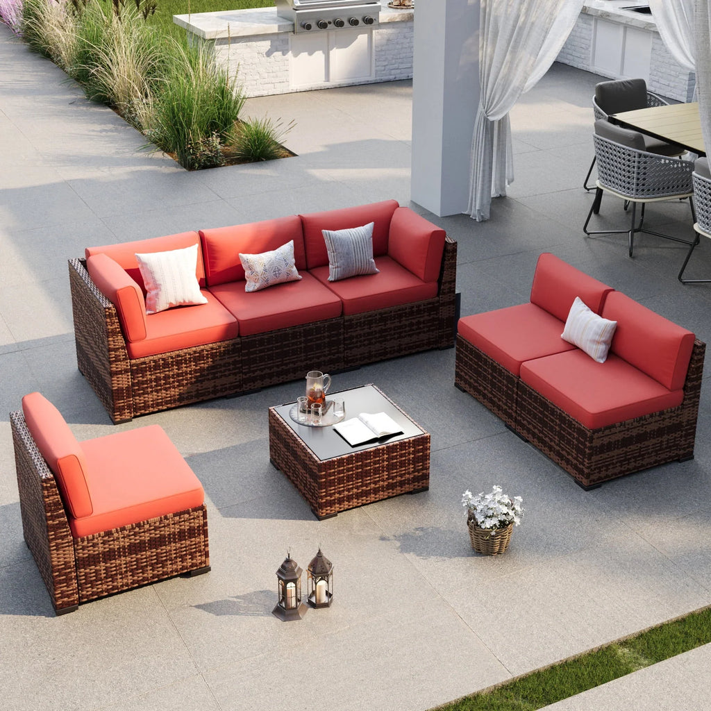 2026 NewELPOSUN 7 Pieces Patio Furniture Set, Outdoor Furniture Sectional Rattan Sofa for Backyard Garden Dark Grey