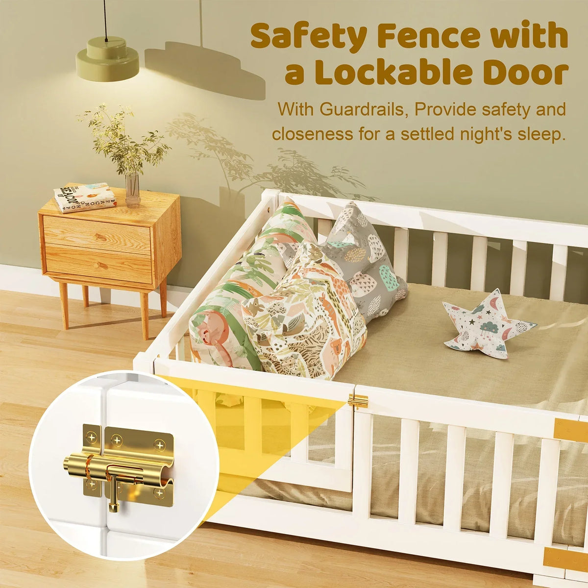 2026 NewSlsy Twin Size Toddler Floor Bed, Solid Wood Montessori Bed Frame with Fence & Door Montessori Floor Bed Crib with Safety Guardrails for Girls and Boys