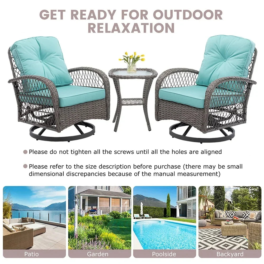 2026 New3 Piece Patio Swivel Rocker Chairs Set, 2 360-Degree Swivel Rocking Chairs with 1 Glass Top Table, PE Rattan Outdoor Bistro Set with Cushions for Balcony Deck Poolside Backyard Porch