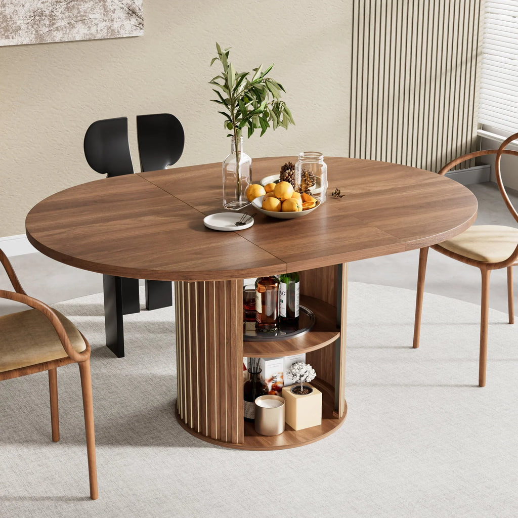 2026 NewExtendable Dining Table for 4-6, Round Kitchen Table with Storage Shelf, Oval Dining Tables for Living Room (Walnut)