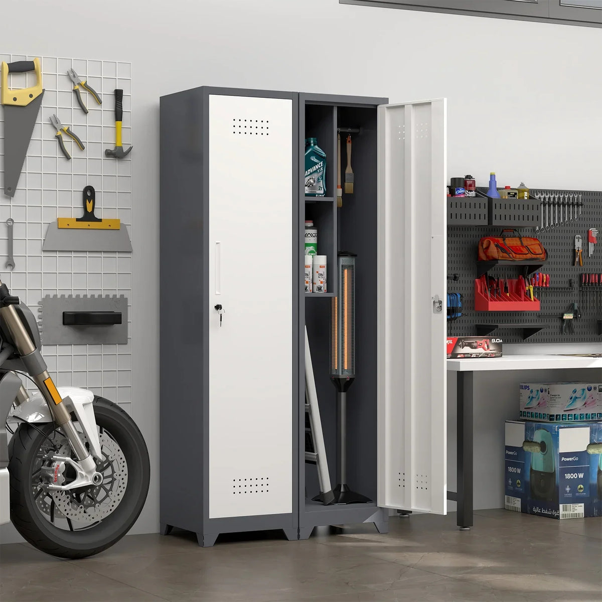 2026 NewMarcree Slim Broom Storage Cabinet, Metal Cabinet with Shelves and Hanging Rod, 65" Utility Storage Cabinet with Locking Door, Tall Cleaning Storage Cabinet for Kitchen, Pantry, Office, Shop, Garage