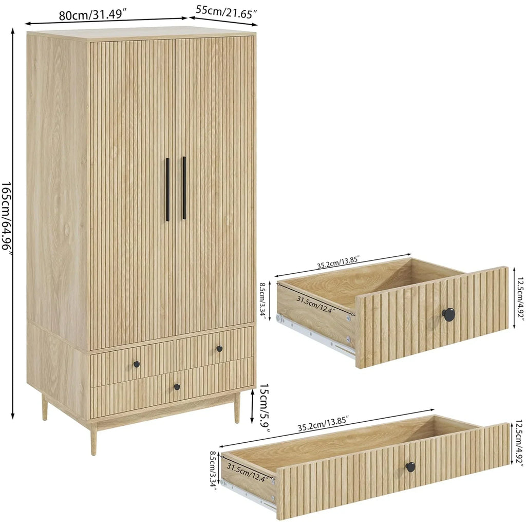 2026 NewOubayajia Wardrobe Armoire Closet, 2 Fluted Doors Wardrobe Cabinet with 3-Drawer and Hanging Rod, Wood Wardrobe Storage for Bedroom