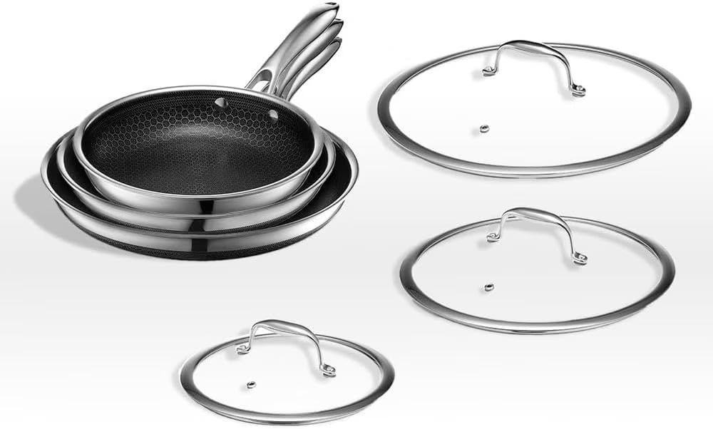 2026 NewHexClad 6 Piece Hybrid Stainless Steel Cookware Pan Set 8", 10", 12" with Glass Lids