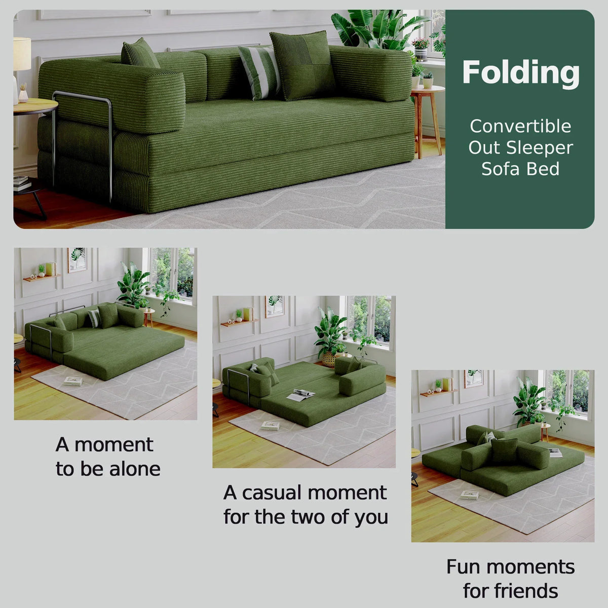 2026 NewConvertible Sleeper Sofa Bed,Compressed Floor Boneless Couch,Modular Modern Corduroy Sofa for Living Room Bedroom -with Fixed-Shape Frame and Support Armrest,Easy Assembly(Green)