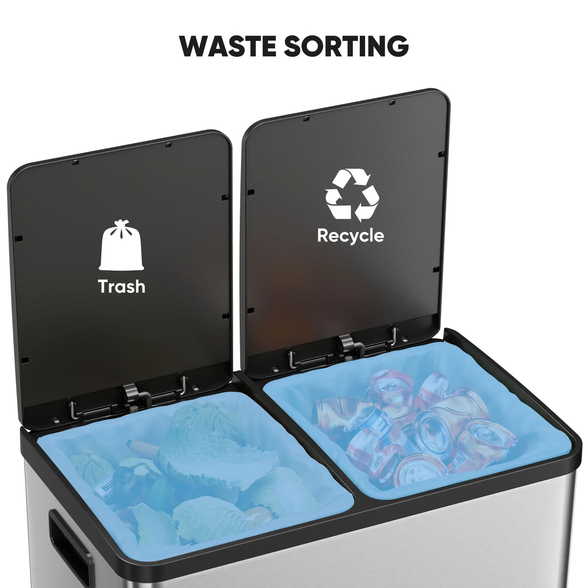 2026 NewEDX 2 x 8.3 Gallon Dual Garbage Recycle Trash Can with Lid, Inner Buckets for Kitchen, Stainless Steel, Sliver