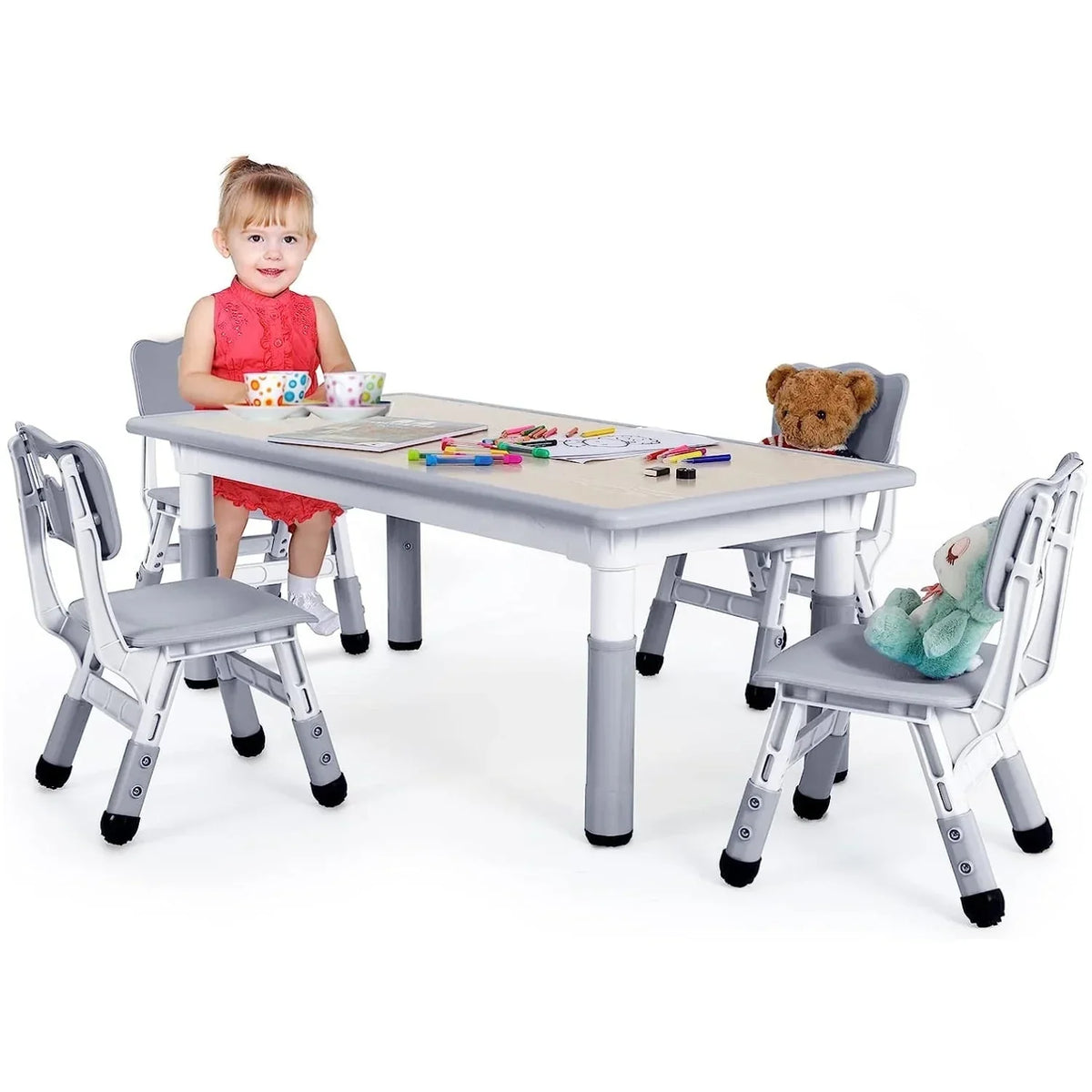 2026 NewLAZY BUDDY Kids Table and 4 Chairs Set, Height Adjustable Toddler Desk with Graffiti Desktop, Kids Activity Table Set for Daycare, Home