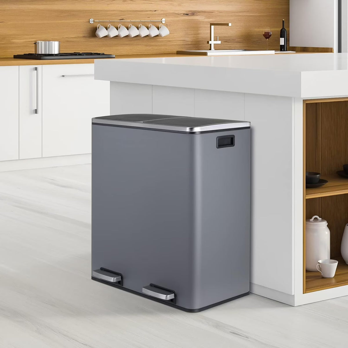 2026 NewArlopu 60 L/16 gal Dual Trash Can, Stainless Steel Garbage Can for Kitchen, Recycle Bin with Lid