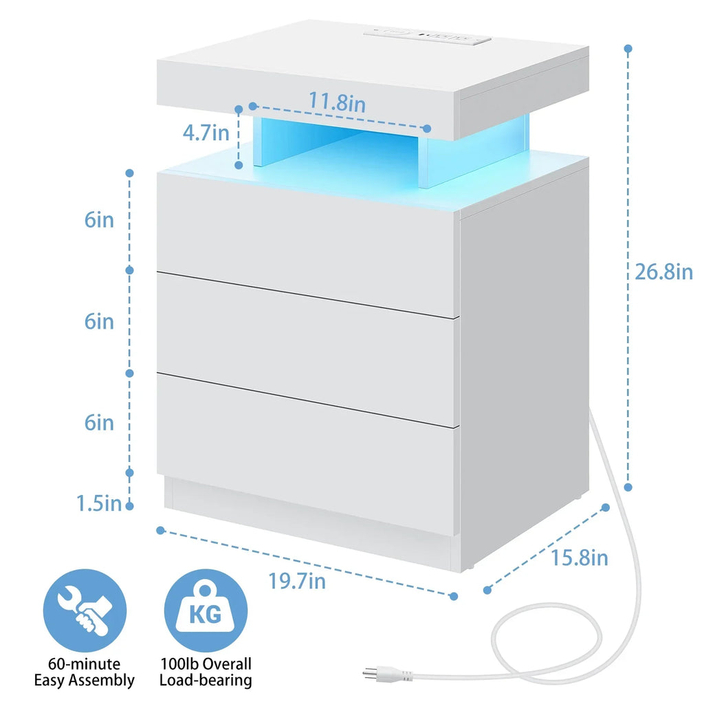 2026 NewHommpa LED Nightstand Wireless Charging Station USB Type C Outlets Bedside Table 3 Drawers Black Night Table Modern Smart Nightstand High Gloss End Side Table for Bedroom Furniture 26.8" Tall