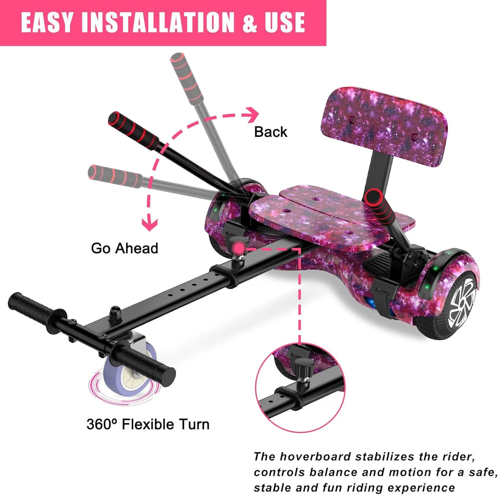 2026 Hoverboard con asiento, tabla flotante autoequilibrada de 6,5" con altavoces Bluetooth y luces LED para niños y adultos