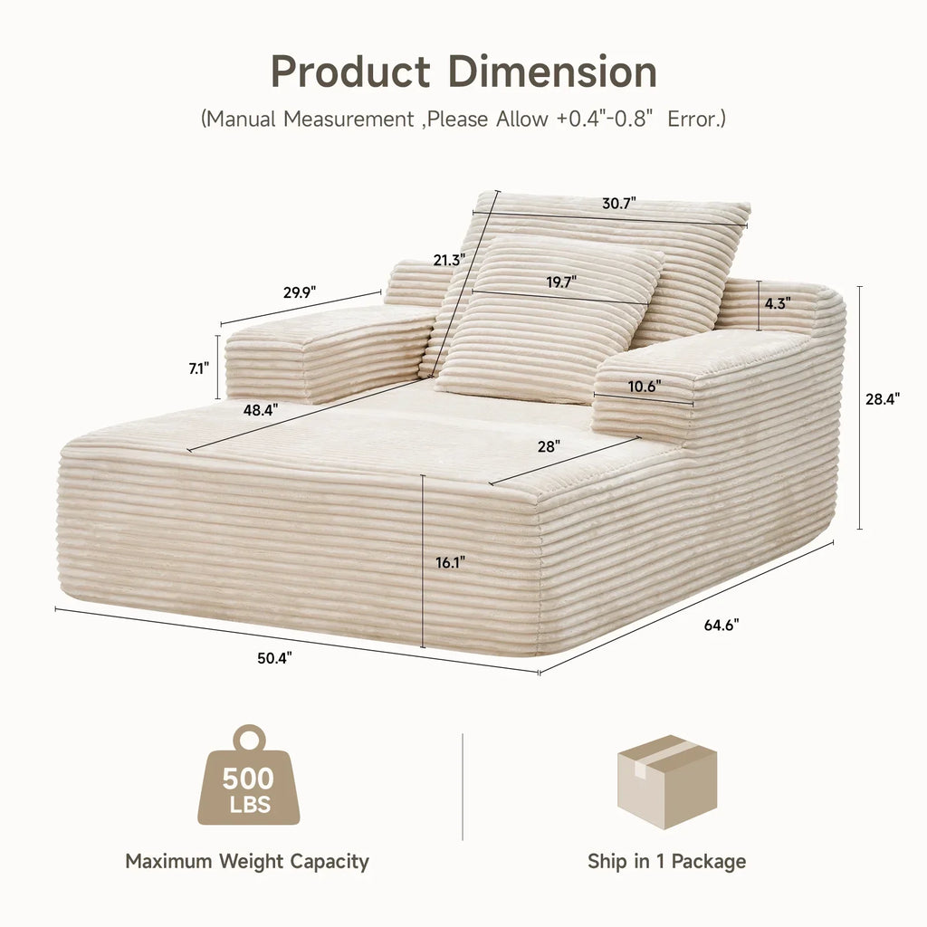2026 New65" Corduroy Cloud Sleeper Chaise Lounge Chair, No Assembly Sofa Bed with Pillows, Beige