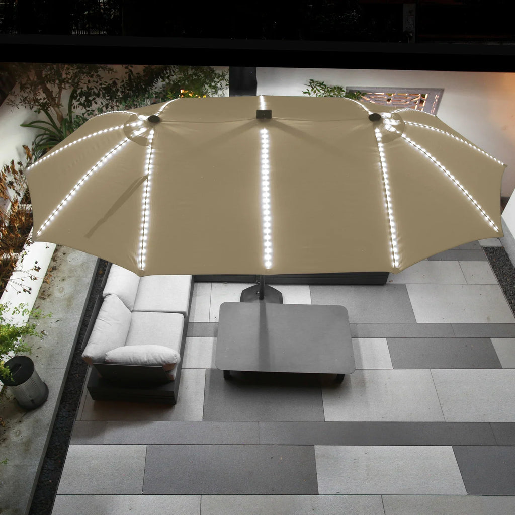 2026 NewMondawe 15ft Patio Umbrella, Large Double-Sided Solar LED Outdoor Umbrella with Fiberglass Ribs and Base for Deck Pool, Navy Blue