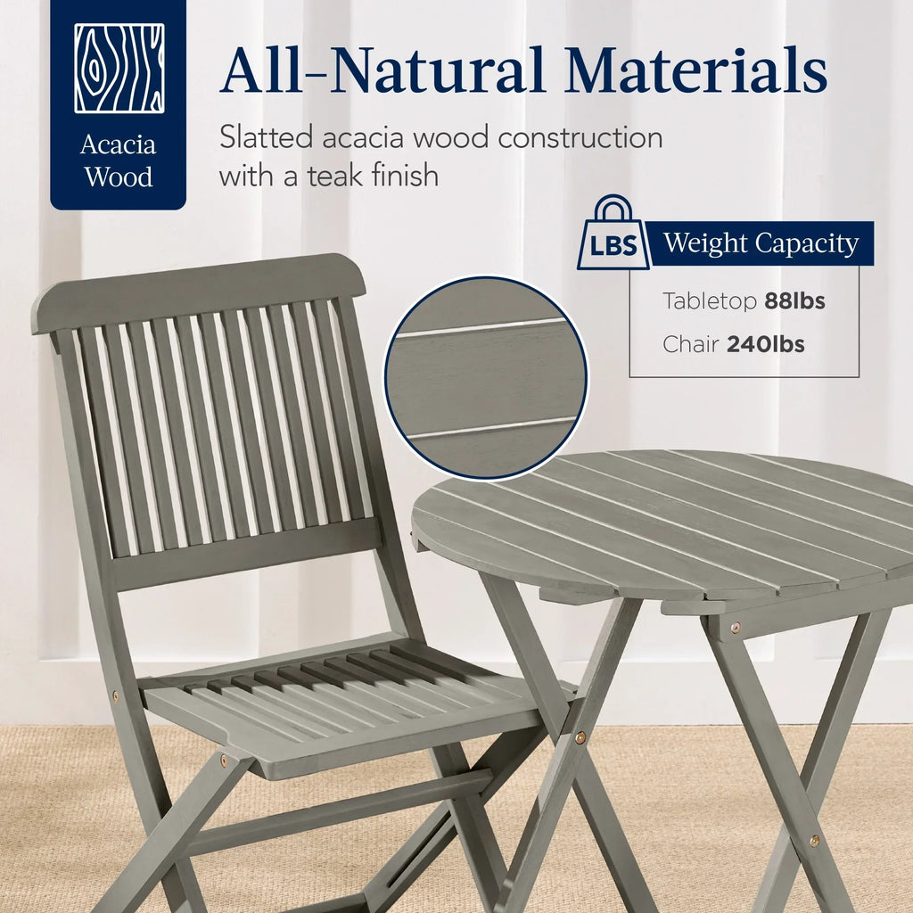 2026 NewBest Choice Products 3-Piece Acacia Wood Bistro Set, Folding Patio Furniture w/ 2 Chairs, Table - Natural