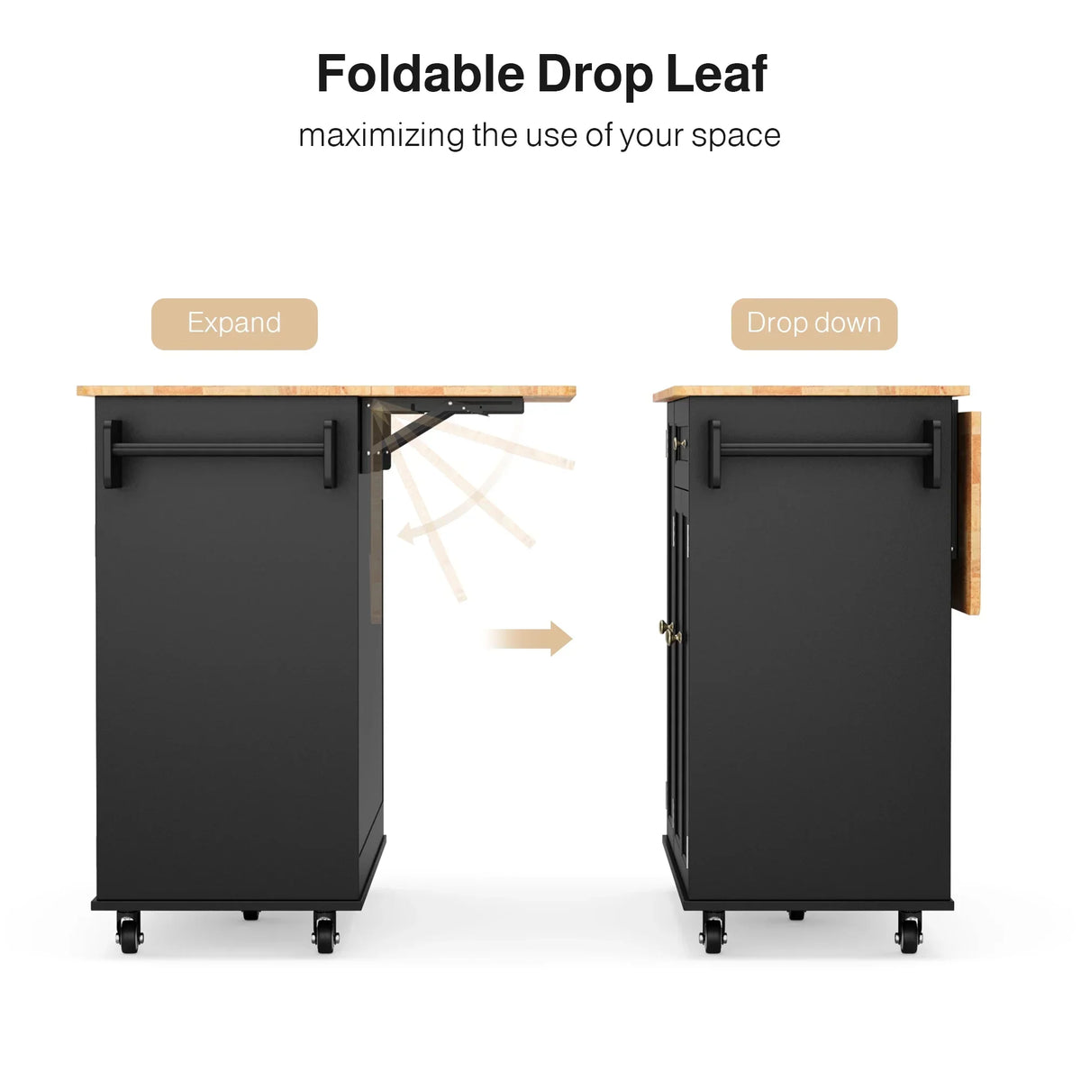 2026 NewNoelse Kitchen Island with Storage, Island Table for Kitchen with Drop Leaf, Spice Rack, Towel Bar for Small Kitchens, White