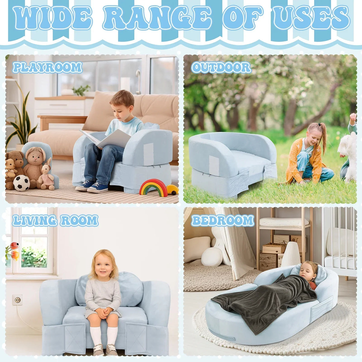 2026 NewCoumy Toddler Travel Bed 2-in-1 Kids Sofa Chair with Removable Cover, Soft Foam Portable Foldable Toddler Bed for Travel with Carrying Bag, Blue