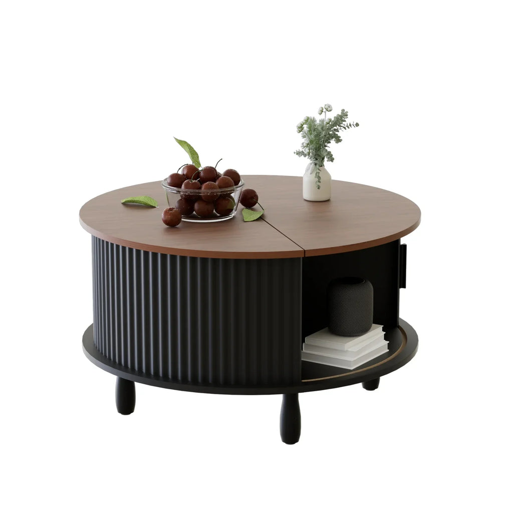 2026 NewRUMLIVE Round Coffee Table with Storage, 30.7" Modern Coffee Table with 360" Curved Sliding Door, Fluted Wood Coffee Table with Footpads, Round Center Table for Living Room, Black